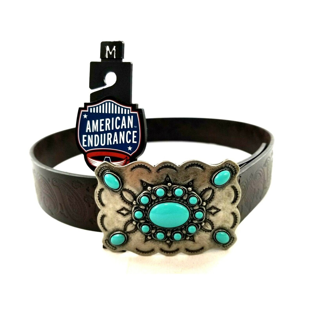 American Endurance Women Brown Bonded Leather Belt Turquoise Metal Buckle 8757 M